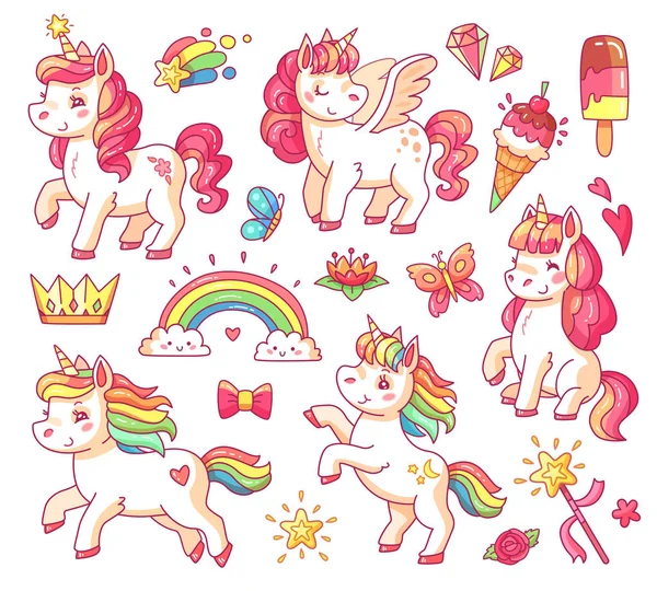 Carino unicorno arcobaleno volante bambino con stelle d'oro e gelati dolci. Magico piccolo pony fantasia unicorni cartone animato vettoriale set — Vettoriale Stock