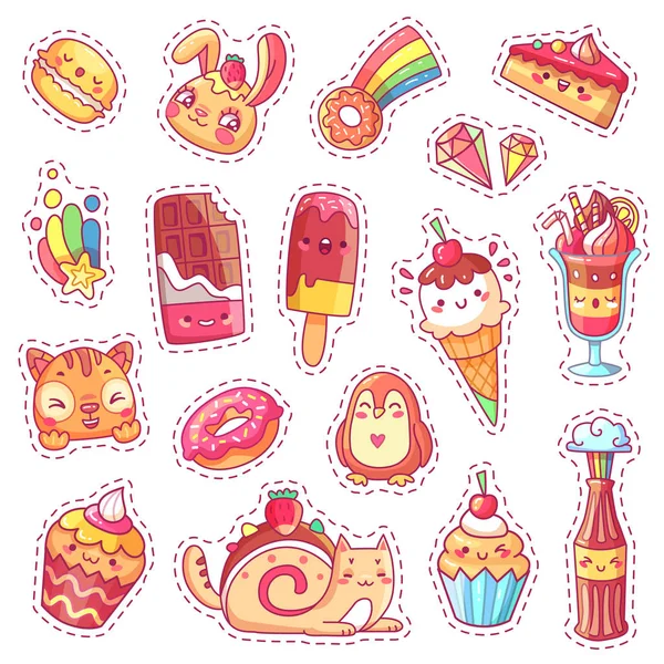Javítások, édes, epres desszert, meggy fagylalt, pozitív, boldog állatokkal arcok és élelmiszer vicces rajzfilm vektor szórakoztató matrica szett — Stock Vector