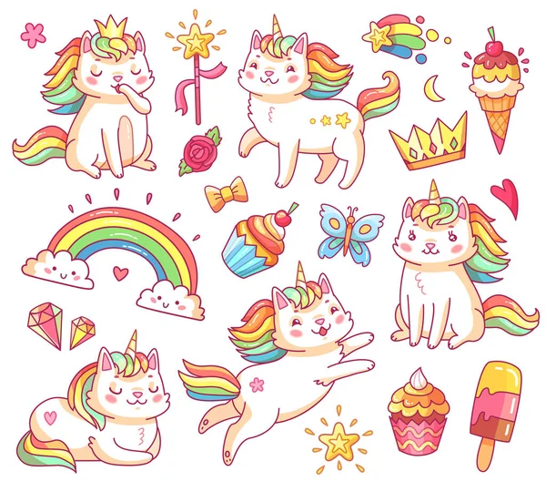 Magic unicorn cats in crown, sweet cupcakes, ice cream, rainbow and clouds. Cartoon fairy smiling cat, kitty with color tail vector set — Stock Vector