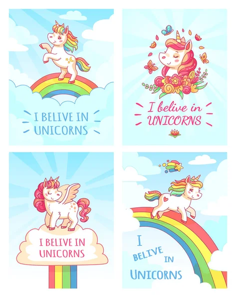 Greeting card writing design for girl with slogan I believe in unicorns . Rainbow colorful unicorn poster print vector — Stock Vector