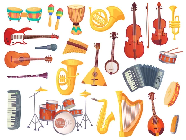 Instrumentos musicales de dibujos animados, guitarras, tambores bongo, violonchelo, saxofón, micrófono, kit de batería aislado. Colección de vectores de instrumentos musicales — Vector de stock