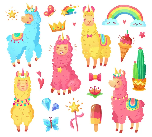 Divertida alpaca mexicana sonriente con lana esponjosa y lindo unicornio de llama arco iris. Mascotas mágicas ilustración de dibujos animados conjunto — Vector de stock