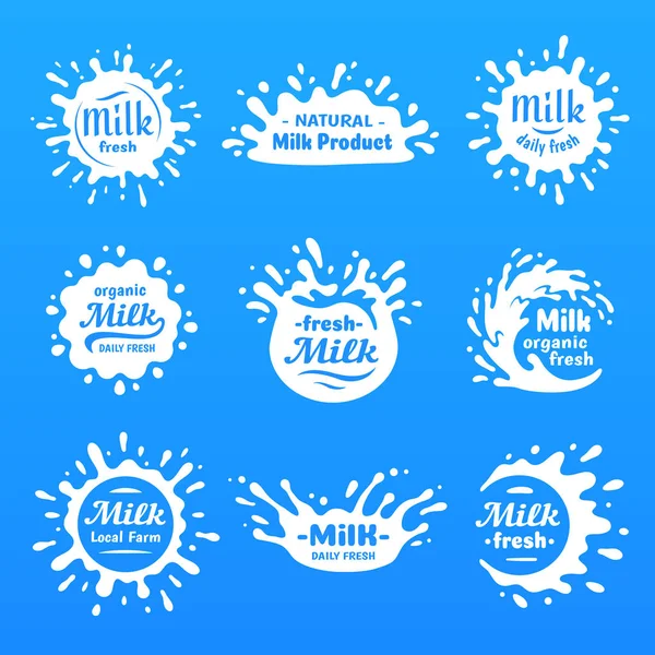 Yogurt splash, milks macula or milky drink blot. Natural yoghurt cream or milk blots silhouette vector cartoon shape set — Stock Vector