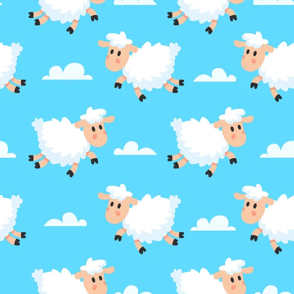 Happy spící ovce tkaniny pozadí. Zasněný vlněné jehněčí nebo ovce kreslené bezešvé ilustrace — Stockový vektor