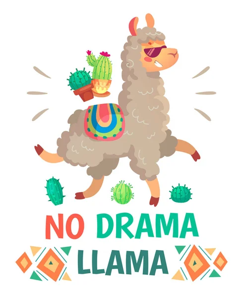 Motivasi huruf dengan Tidak ada drama llama. Ilustrasi anak kartun lama atau alpaca Chilling - Stok Vektor