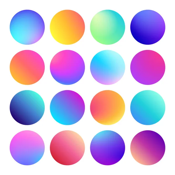 Holografische kleurovergang bol knop afgerond. Multicolor vloeistof cirkel verlopen, kleurrijke ronde knoppen of levendige kleuren bollen vector set — Stockvector