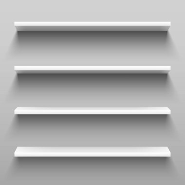 Boş beyaz ev raf Mobilya için raflar. Raflar, gerçekçi grup gölge veya mağaza raf vektör çizim ile depolama raf