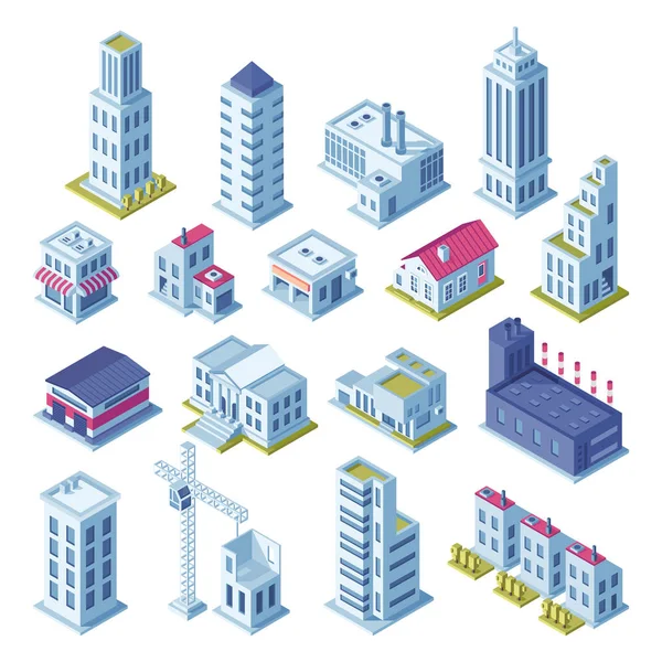 Bâtiments de la ville projection isométrique 3d pour carte. Maisons, zone manufacturée, stockage, rues et gratte-ciel ensemble de vecteurs isolés — Image vectorielle