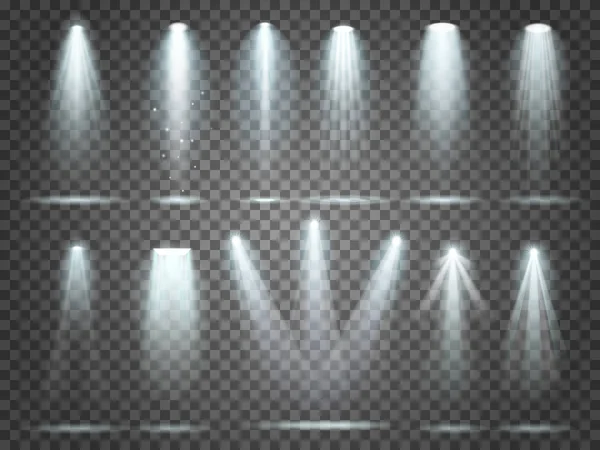 Rayo de reflector, luces iluminadoras, proyector de iluminación de escenario. Club nocturno partido reflectores y focos iluminación vector conjunto — Archivo Imágenes Vectoriales