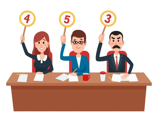 Jury. Judges group show scorecards with assessment opinion or score. Judge on quiz show, college evaluation vector illustration — Stock Vector