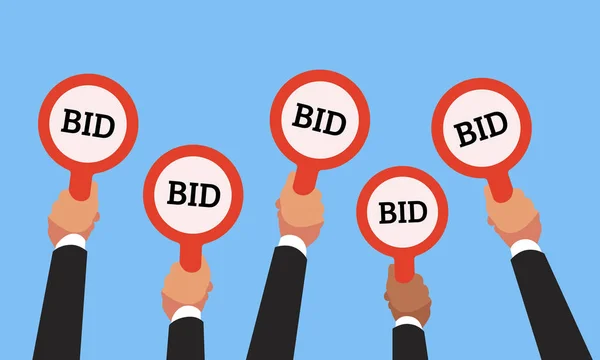 Buyers hands raising auction bid paddles with numbers of competitive price. Auction business bidders raise hand vector concept — Stock Vector