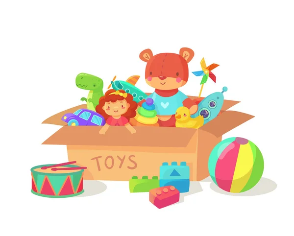 Cartoon kids toys in cardboard toy box. Children holiday gift boxes with child playthings. Plaything vector illustration — Stock Vector
