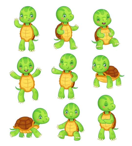 Tortue de bande dessinée. Enfants mignons tortues, animaux sauvages jeu de caractères. Collection d'illustrations animalières vectorielles de personnages de tortues — Image vectorielle