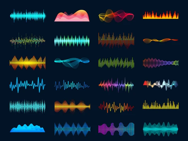 Señales de forma de onda de audio, ecualizador de canciones de onda, visualización de sonido de grabadora estéreo. Soundtrack señal y melodía beat vector concepto — Archivo Imágenes Vectoriales
