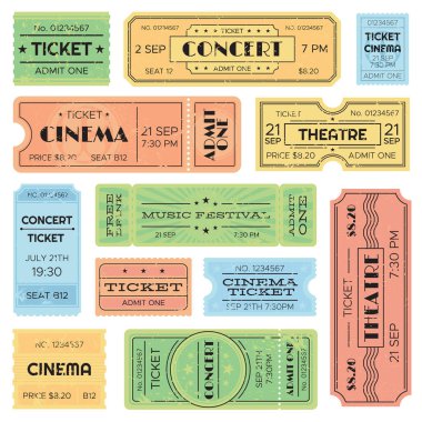 Vintage kabul edilen sinema, müzik festivali geçmek, tren bileti. İzole eğlence giriş biletleri vektör set