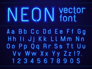 Parlak parlayan mavi neon Alfabe harf ve rakam yazı tipi. Gece eğlenceleri, modern barlar, ışıklı casino vektör işaretleri