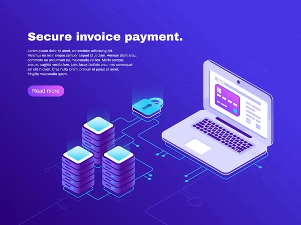 Conexión de facturación electrónica de laptop y base de datos. Pago seguro de facturas. Factura de transacción electrónica 3d concepto de vector isométrico — Vector de stock
