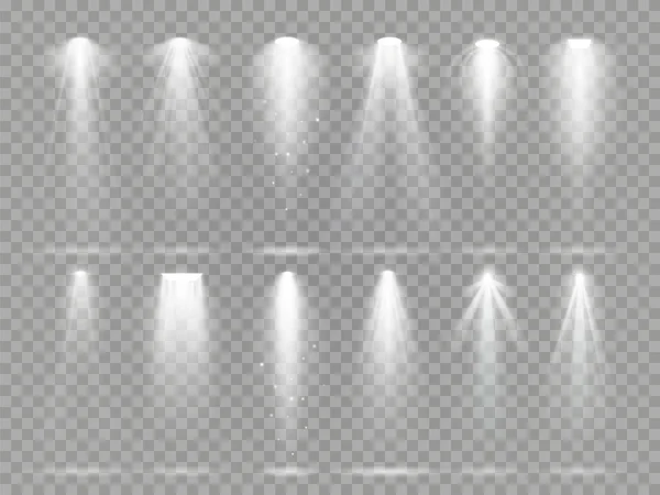 Parlak aydınlatma projektör tiyatro sahne alanı'nda kirişler. Stüdyo projektörler, beyaz ışınları ışık spot ve ışıklar vektör set projektörler — Stok Vektör