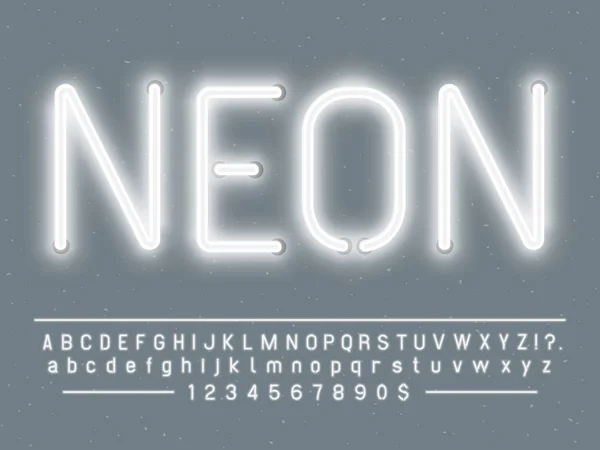 Heldere gloeiende wit neon teken tekens. Vector lettertypen met gloed lichte letters en cijfers lampen — Stockvector