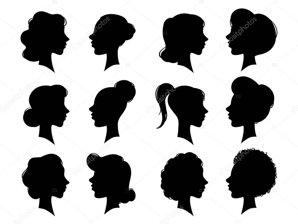 Adult and young womans vintage side faces silhouette. Woman face profile or female head silhouettes. Women heads profiles vector set