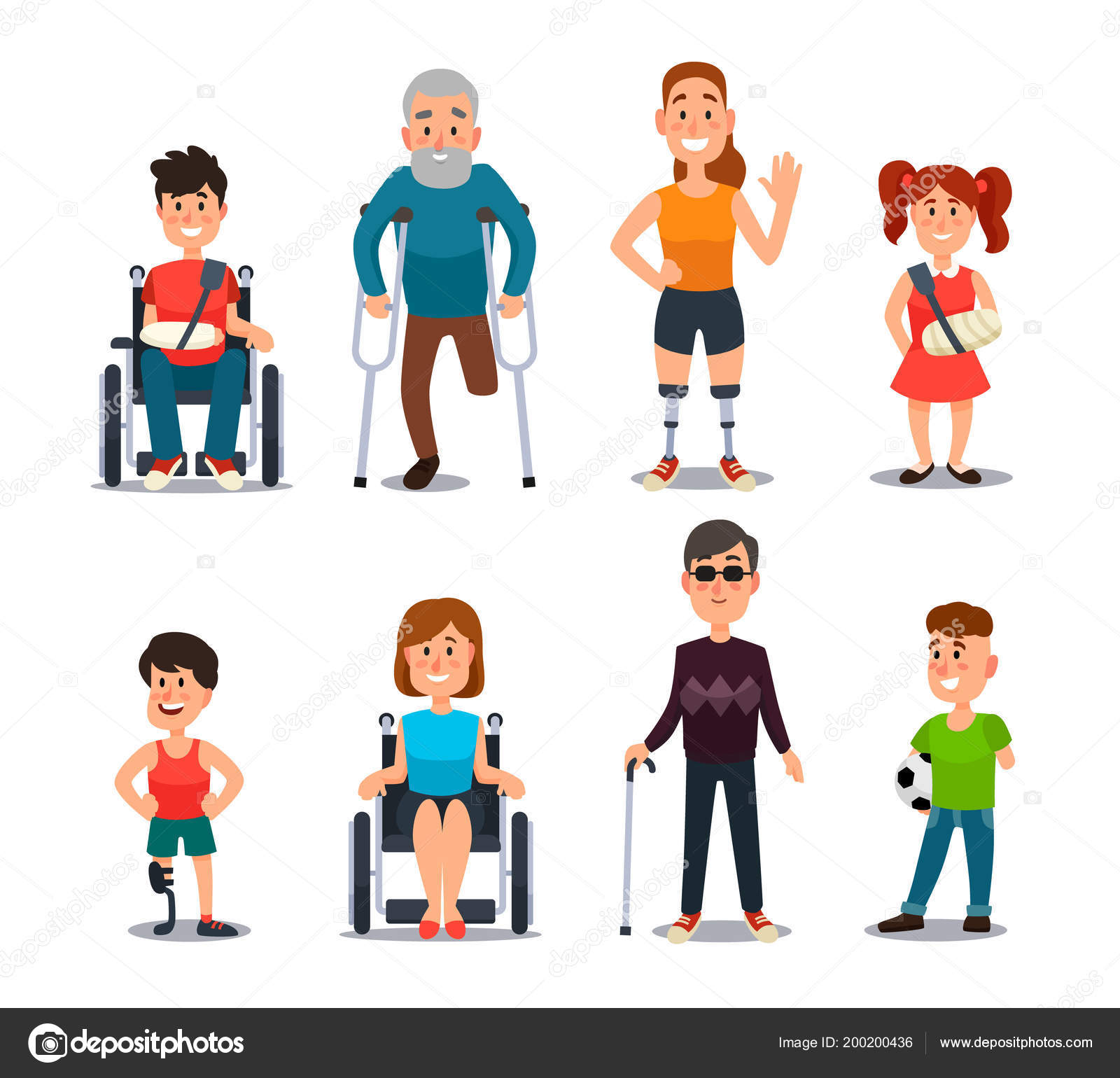 Behinderte Menschen. Karikaturen kranker und behinderter Figuren.  Rollstuhlfahrer, verletzte Frau, älterer Mann und krankes Kind  Stock-Vektorbild von ©tartila.stock.gmail.com 200200436, image size:1600x1540