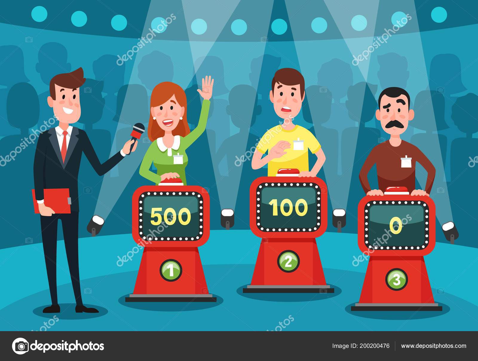 Young people guessing quiz questions. Intellectual game show studio with  buttons on stands vector illustration Stock Vector Image by  ©.com #200200476