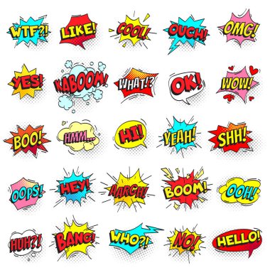 Bang, Ah bağırır ve metin kabarcık yarı ton ile bağırarak Evet gölge desen. Pop art retro tarzı Not konuşma balonları küme vektör