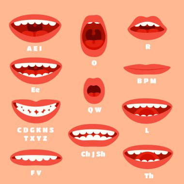 Expressive cartoon articulation mouth, lips. Lip sync animation phonemes for expression affront, speaking and talk accents vector set clipart