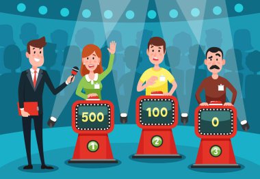 Tahmin quiz soruları gençler. Fikri oyunu göstermek studio düğmeleri standları vektör çizim ile