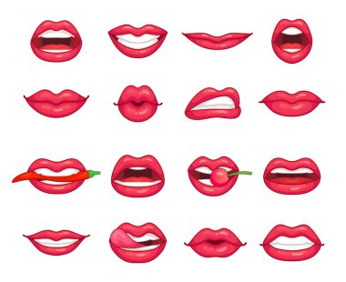 Lips collection. Beautiful girl smiling, kissing, biting pepper, cherry and lip with lipstick. Cartoon beauty kiss isolated vector set clipart