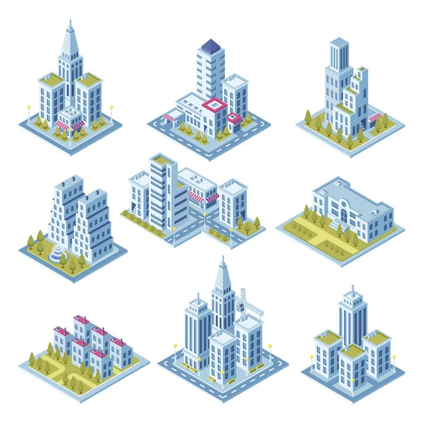 Arquitectura isométrica de la ciudad, edificio de paisaje urbano, jardín paisajístico y rascacielos de oficinas. Edificios para 3d conjunto de vector de mapa de calle — Archivo Imágenes Vectoriales