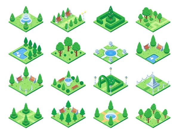 Parque verde isométrico ou árvores de jardim. Fonte e arbustos, bancos e lagoa. 3d cidade isométrica mapa elementos vetoriais —  Vetores de Stock