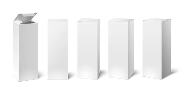 Yüksek beyaz karton kutu mockup. Kozmetik veya tıbbi ambalaj, kağıt kutuları kümesi. Vektör çizim