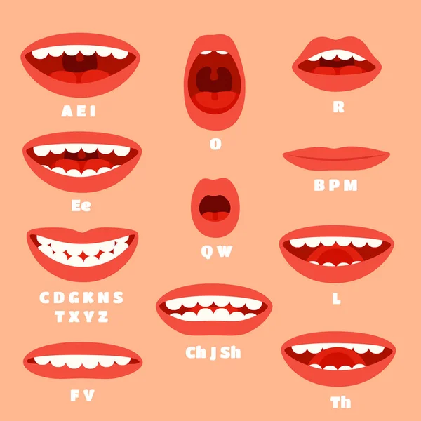 Expresiva articulación de dibujos animados boca, labios. Sincronización de labios fonemas de animación para afrenta expresión, hablar y hablar acentos conjunto de vectores — Vector de stock