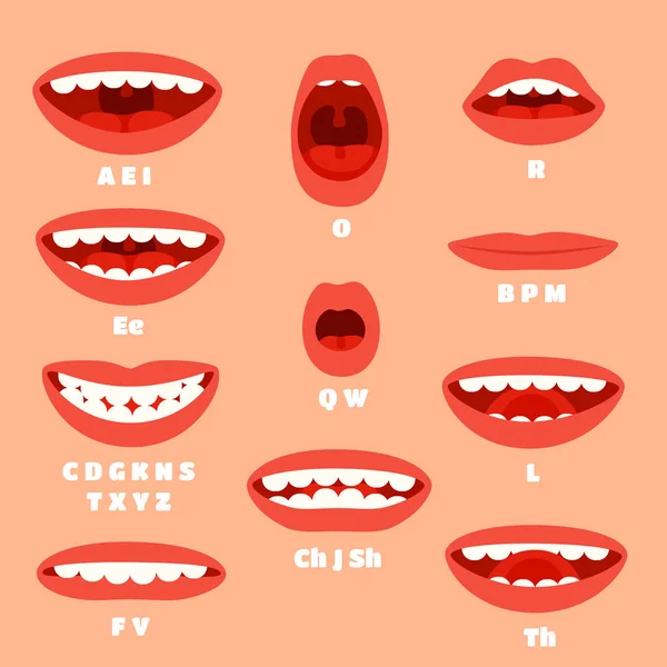 Boca expressiva da articulação dos desenhos animados, lábios. Lip sync animation phonemes for expression affront, speaking and talk accents vector set — Vetor de Stock