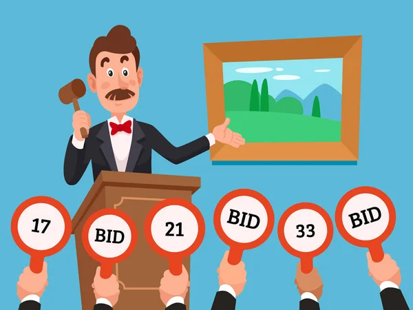 Man on stand leading auction hold gavel. People make bets on auctions bidding by raising bid paddles with numbers vector illustration — Stock Vector