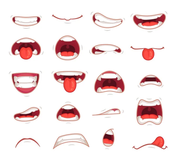 Boca de dibujos animados. Expresión facial sorprendida boca con dientes shock gritando sonriente y mordiendo ilustración vector labial — Vector de stock