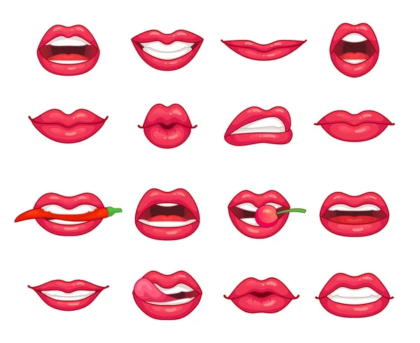 Colección de labios. Hermosa chica sonriendo, besando, mordiendo pimienta, cereza y labio con lápiz labial. Dibujos animados belleza beso aislado vector conjunto — Archivo Imágenes Vectoriales