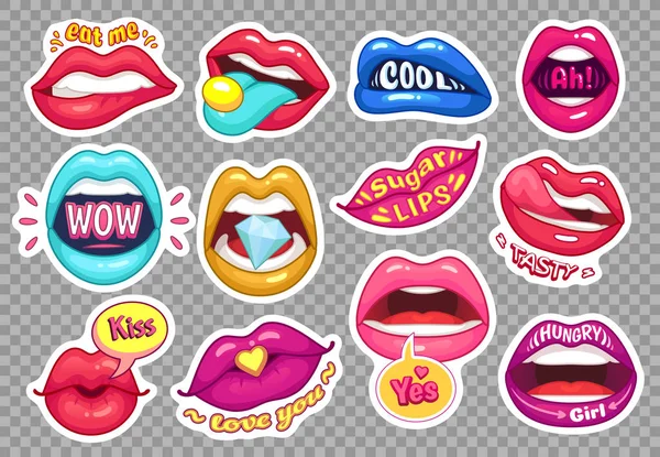 Sticker lips. Provocative girl mouths cartoon sensual stickers. Girls fashion patches. Provocation woman mouth illustration vector set — Stock Vector