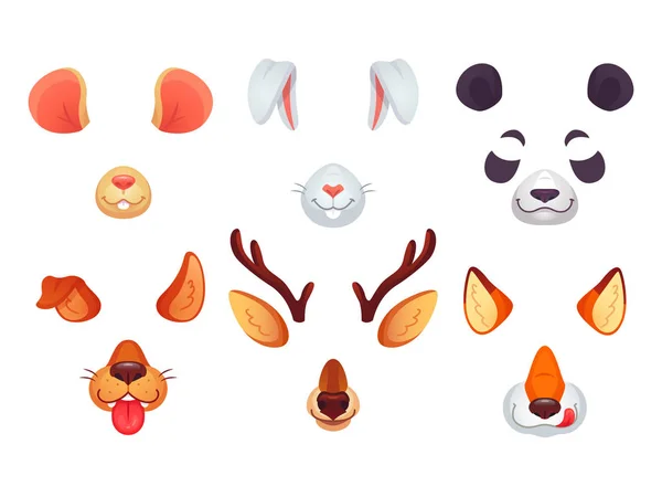 Cartoon telefoon maskers. Grappige dieren oren, tong en ogen. Bruine hond bunny red fox panda bear muis en herten masker. Dierlijke gezichten vector set — Stockvector