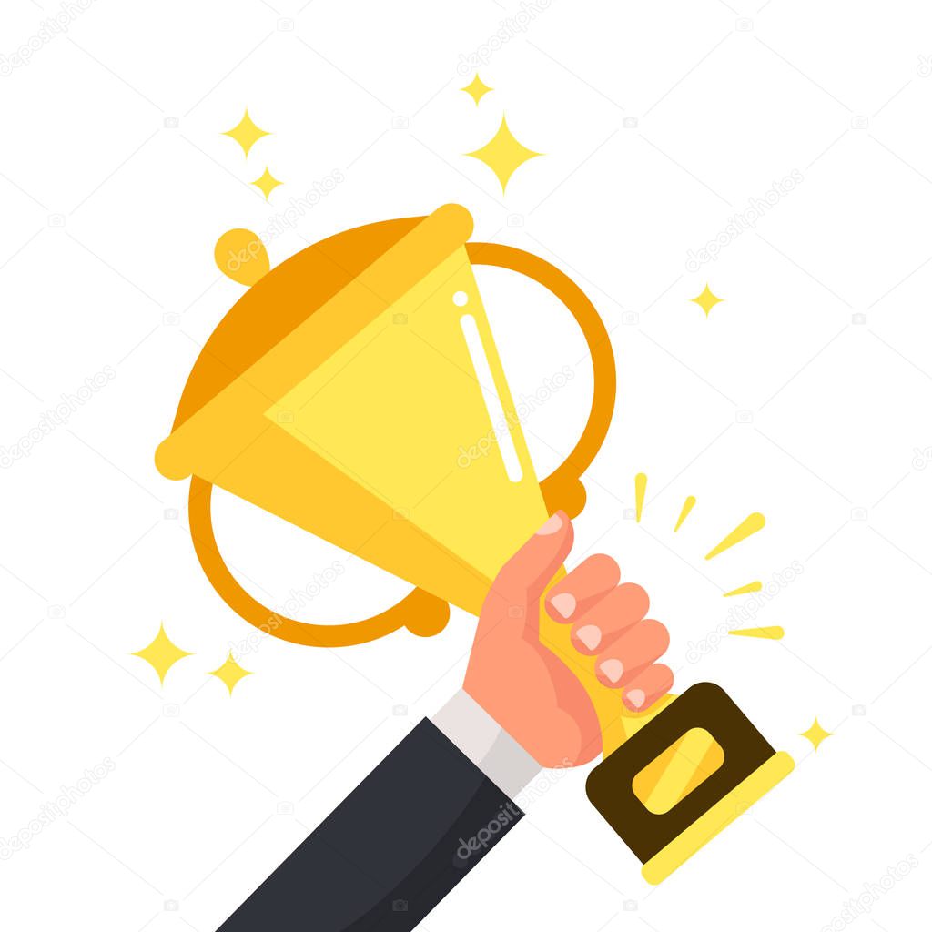 Successful winner holding golden cup in hand. Prize for winning competition, success vector illustration