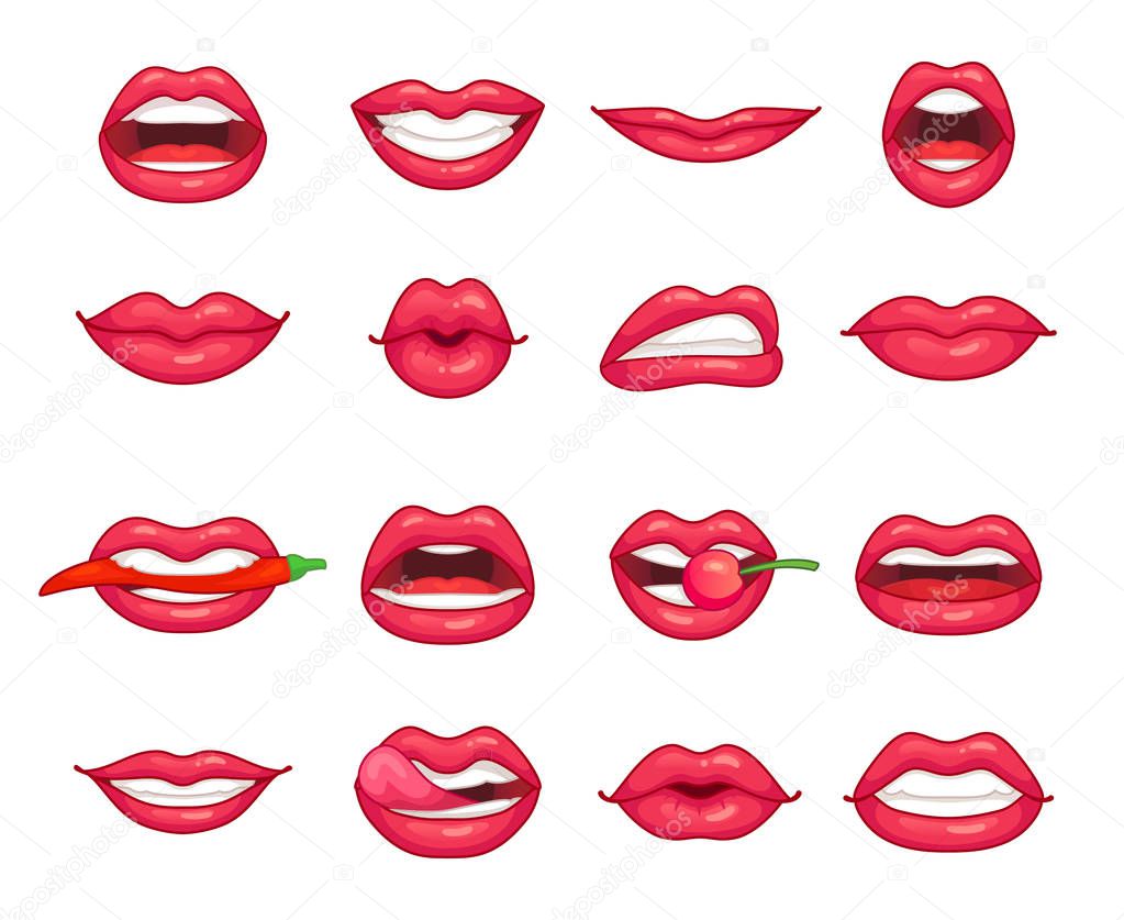 Lips collection. Beautiful girl smiling, kissing, biting pepper, cherry and lip with lipstick. Cartoon beauty kiss isolated vector set