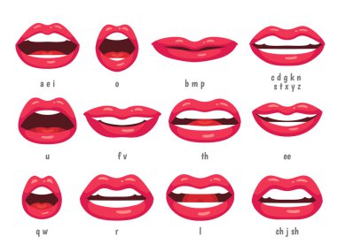 Mouth animation. Lip sync animated phonemes for cartoon woman character. Mouths with red lips speaking animations vector set clipart