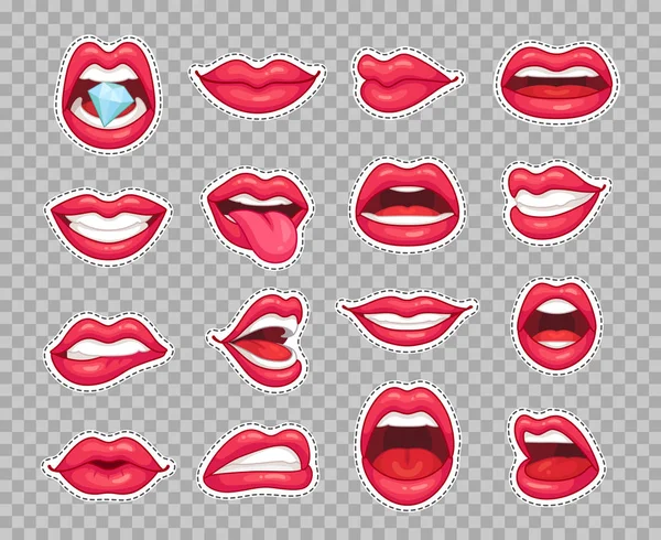 Parches de labios de caramelo. Vintage 80s pegatinas de moda con chica mostrando la lengua y el labio mordido con lápiz labial rojo. Etiqueta engomada parche aislado vector conjunto — Vector de stock