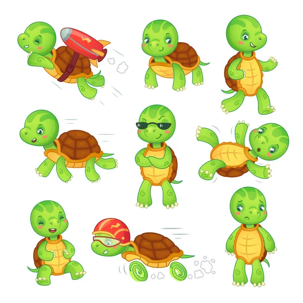 Schildkrötenkind. Schnelle Schildkröte laufen. grüne Kinder Schildkröten Zeichentrickfiguren isoliert Vektor Illustration Set — Stockvektor