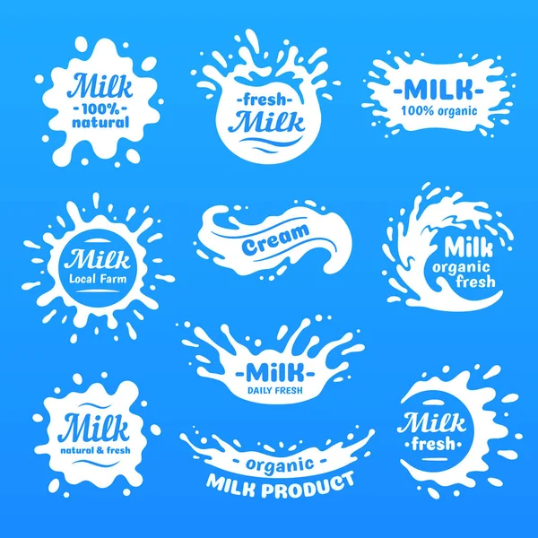 O leite de vaca espirra com letras. Salpicos de leites isolados para a loja de alimentos saudáveis, etiqueta de vetor de logotipo de laticínios — Vetor de Stock