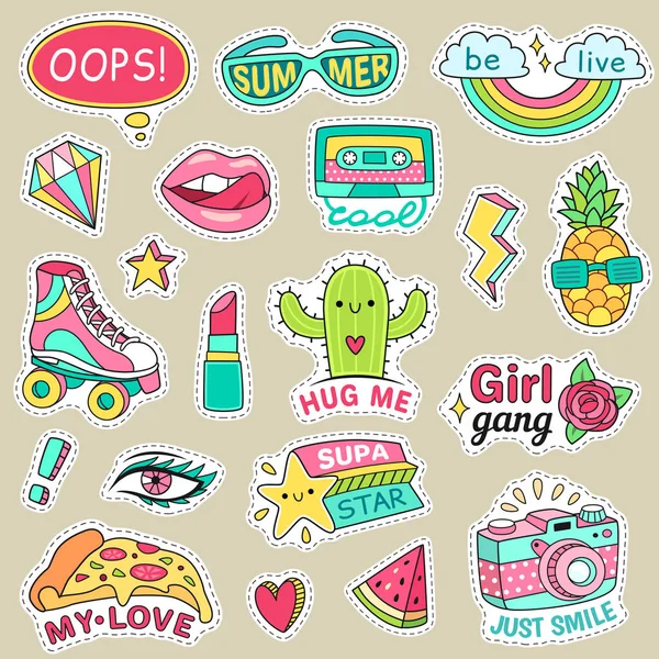 Fun fashion teenage stickers. Cute cartoons patches for teenager. Sticker pack vector illustration set — Stock Vector