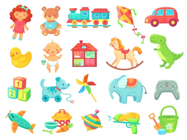 Komik peluş ayı kız bebek oyuncak araba renkli plastik oyuncaklar nesneleri koleksiyonu vektör