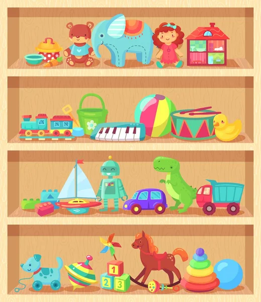 Cartoon toys on wood shelves. Funny animal baby piano girl doll and plush bear. Kids toy shopping shelf vector collection — Stock Vector