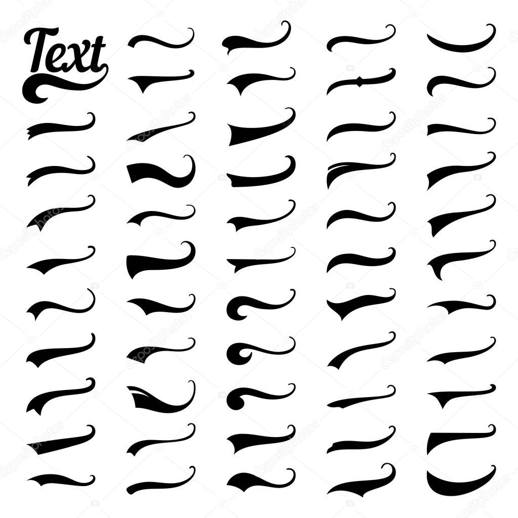 Sporty swirling tail typography swashes. Swirled plume curly tails sport logo. Swish black retro style text font for football baseball and athletics t-shirt logotype vector isolated template sign set